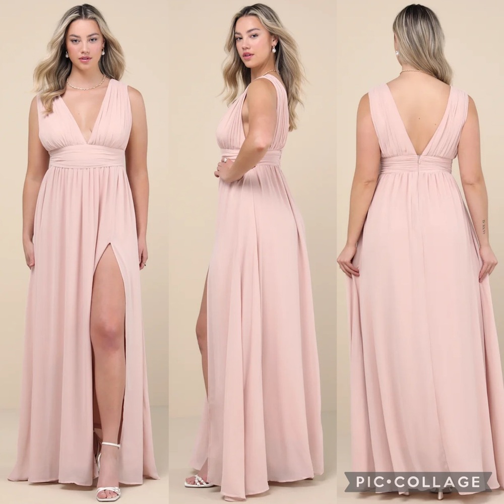 Lulu’s Blush Chiffon Pleated Bust Side Slit  Maxi Dress